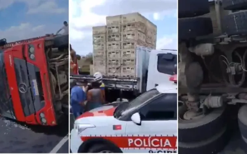 Caminhão que transportava galinha tomba e deixa três feridos na BR-230 em Gurinhém